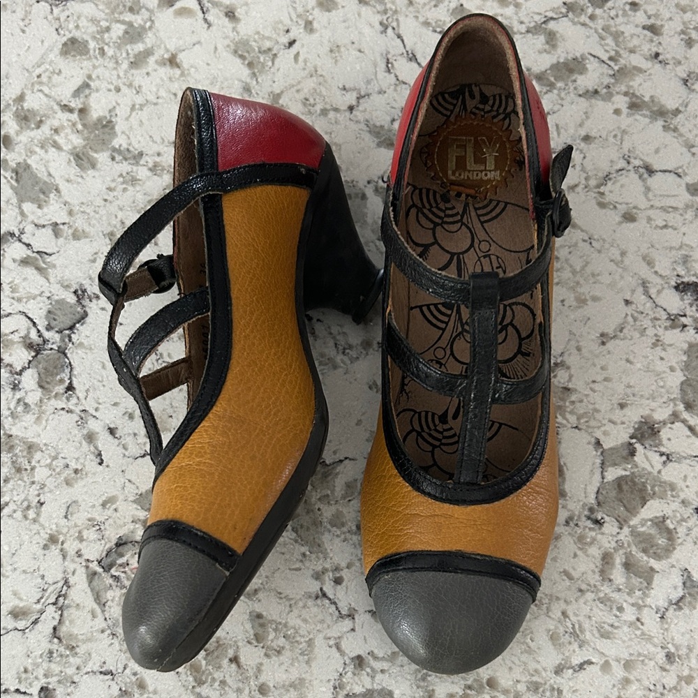 Fly London Women's Red, Yellow, and Black Heels Size 39
